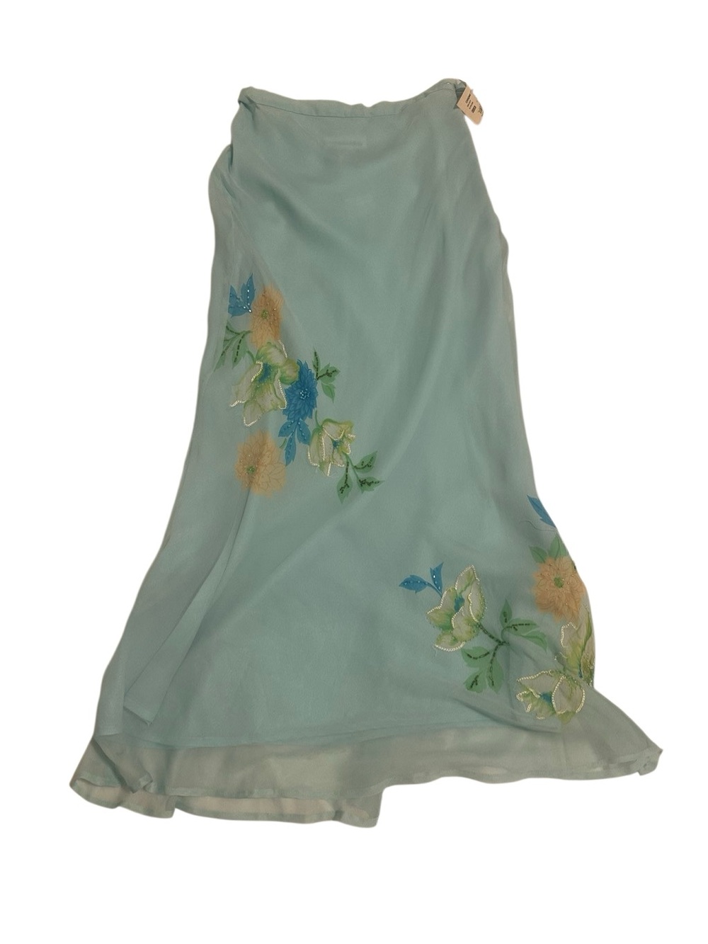 Chadwicks Seafoam Green A-Line silk Skirt with Floral Embroidery